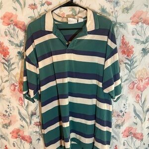 Vintage Dockers Green and Cream Striped Polo Shirt